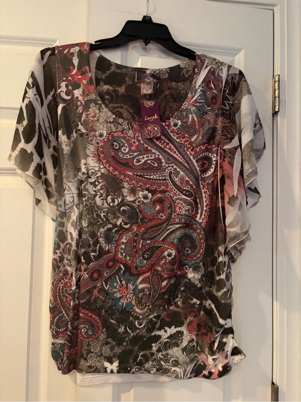Lavish Paisley Sheer Flutter Sleeve Blouse - Red, Teal, Black